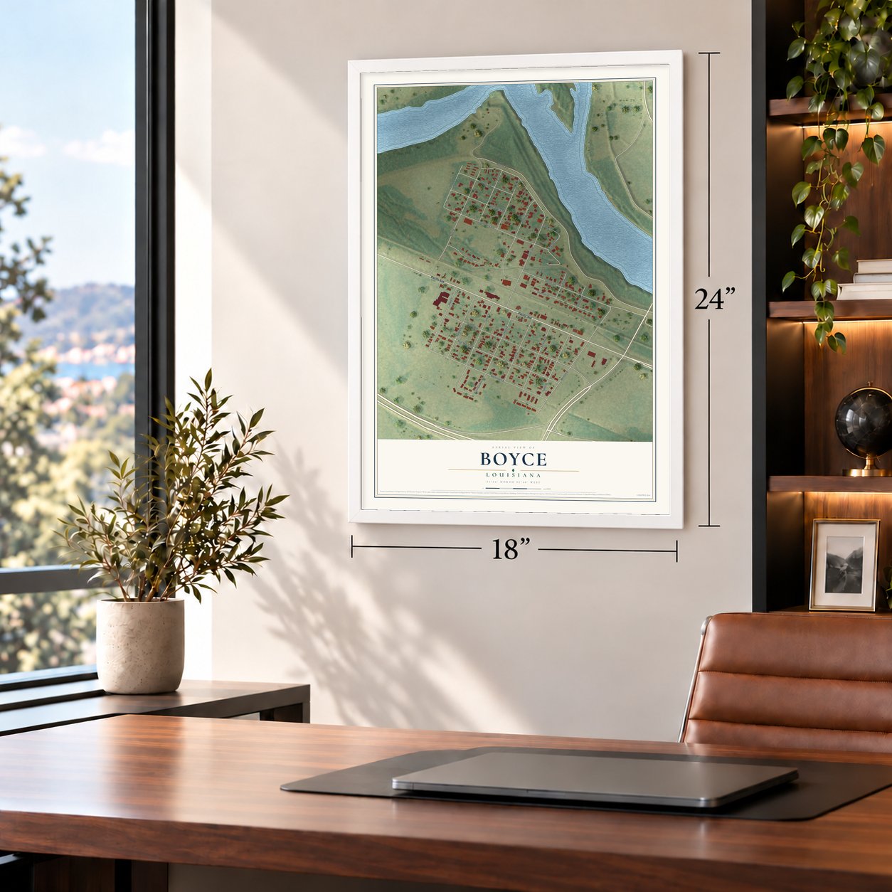 Boyce, Louisiana map, 18 x 24 inch print in a white frame in a home office