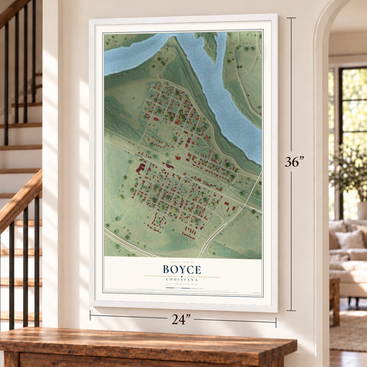 Boyce, Louisiana map, 24 x 36 inch print in a white frame by a staircase