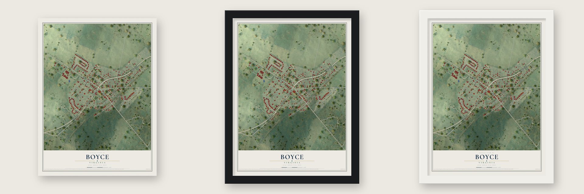 Boyce, Virginia map unframed, in a black wood frame and in a white wood frame