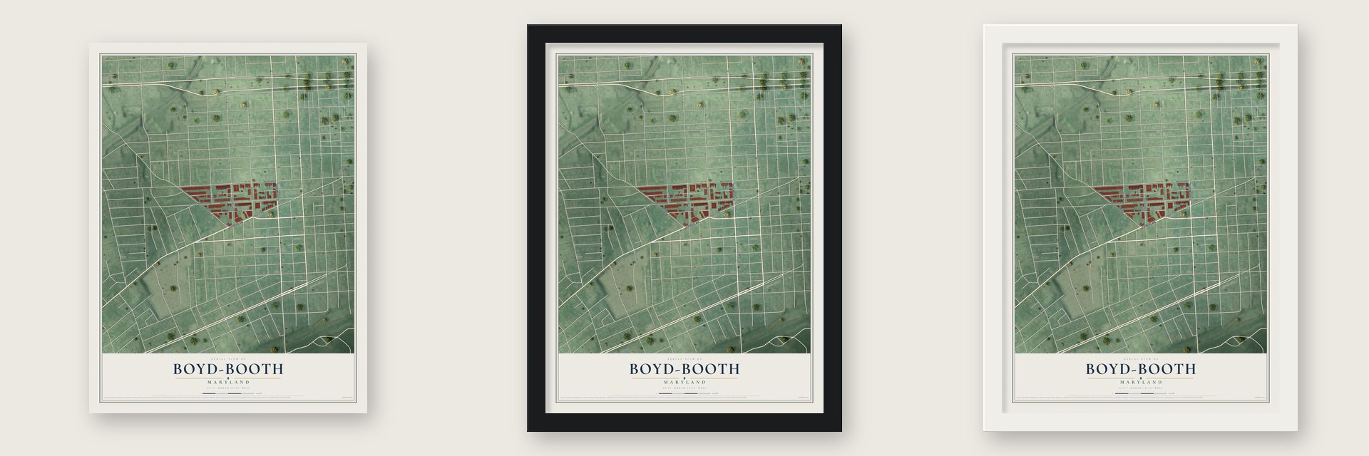 Boyd-Booth, Maryland map unframed, in a black wood frame and in a white wood frame