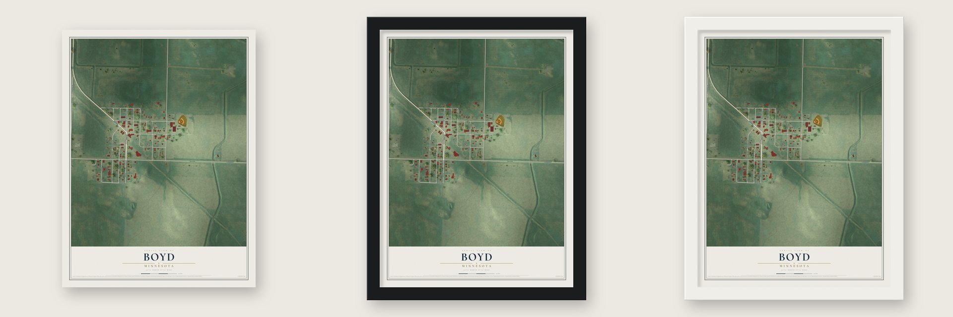 Boyd, Minnesota map unframed, in a black wood frame and in a white wood frame