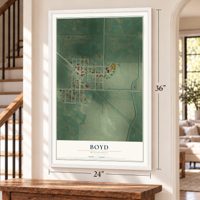 Boyd, Minnesota map, 24 x 36 inch print in a white frame by a staircase