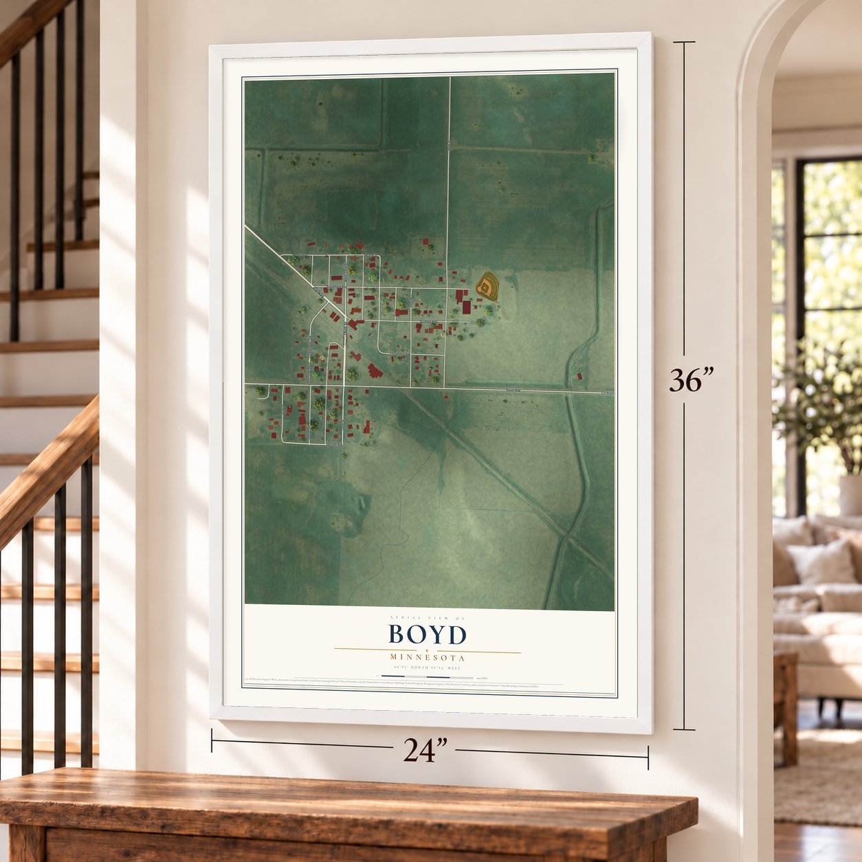 Boyd, Minnesota map, 24 x 36 inch print in a white frame by a staircase