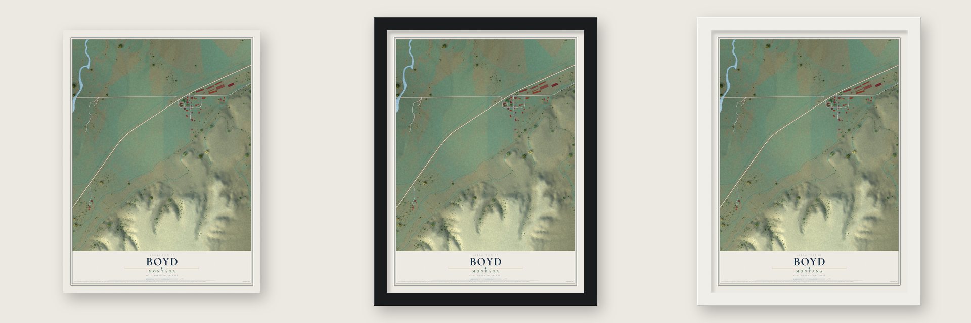 Boyd, Montana map unframed, in a black wood frame and in a white wood frame