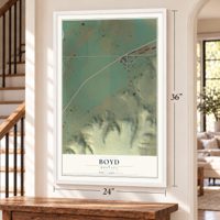 Boyd, Montana map, 24 x 36 inch print in a white frame by a staircase