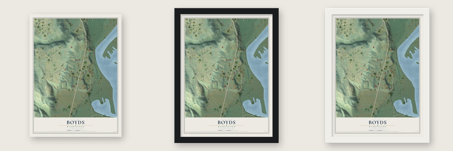 Boyds, Washington map unframed, in a black wood frame and in a white wood frame