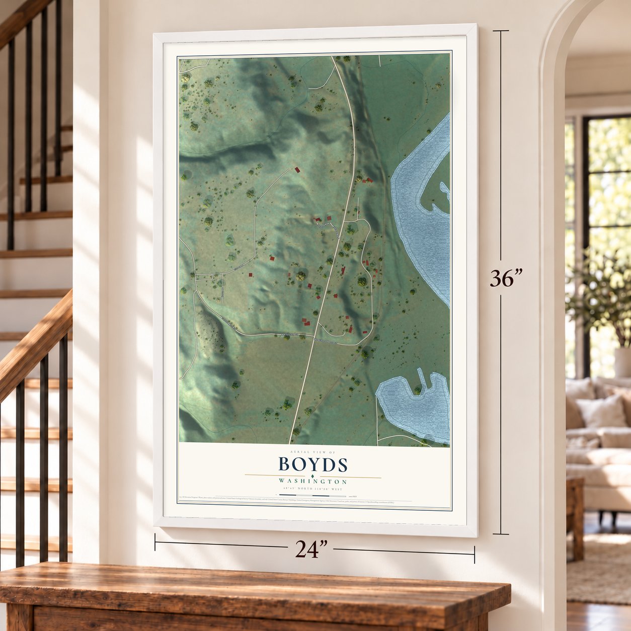 Boyds, Washington map, 24 x 36 inch print in a white frame by a staircase