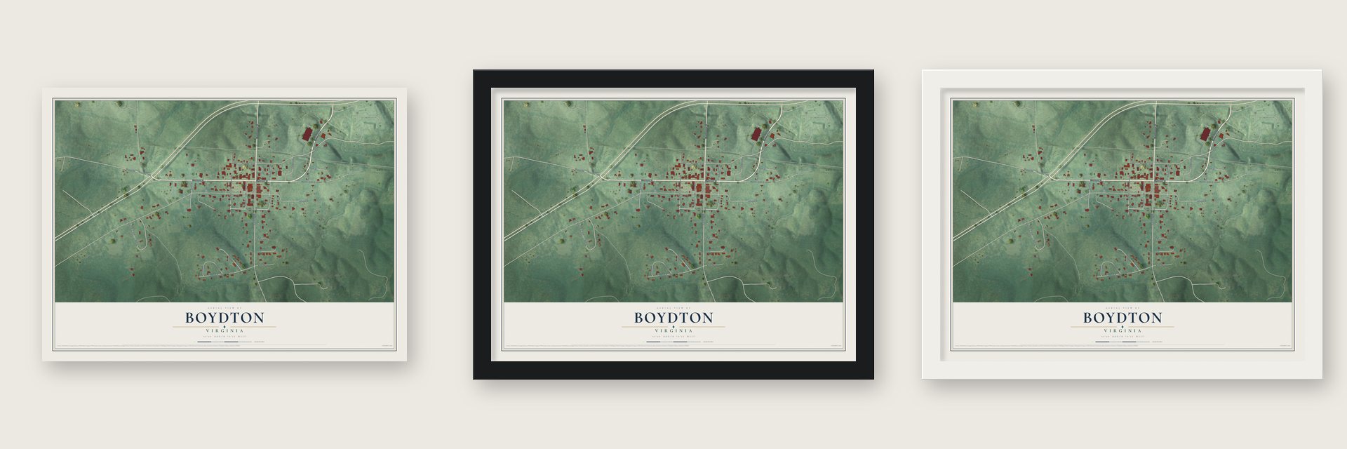 Boydton, Virginia map unframed, in a black wood frame and in a white wood frame