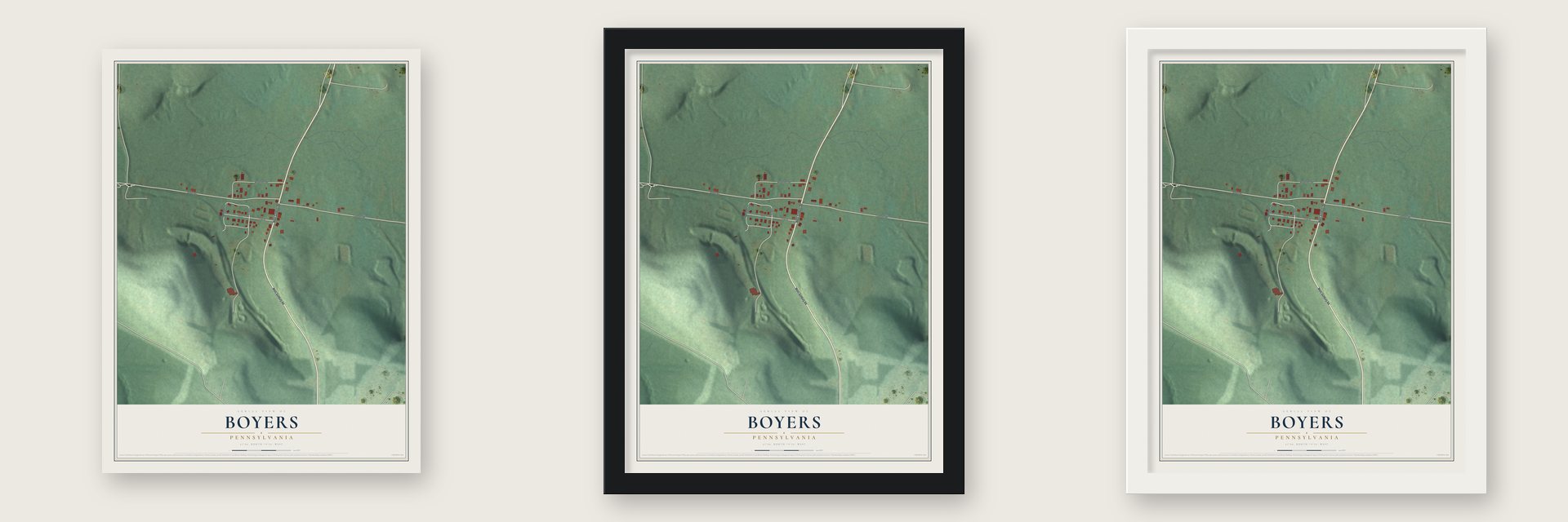 Boyers, Pennsylvania map unframed, in a black wood frame and in a white wood frame