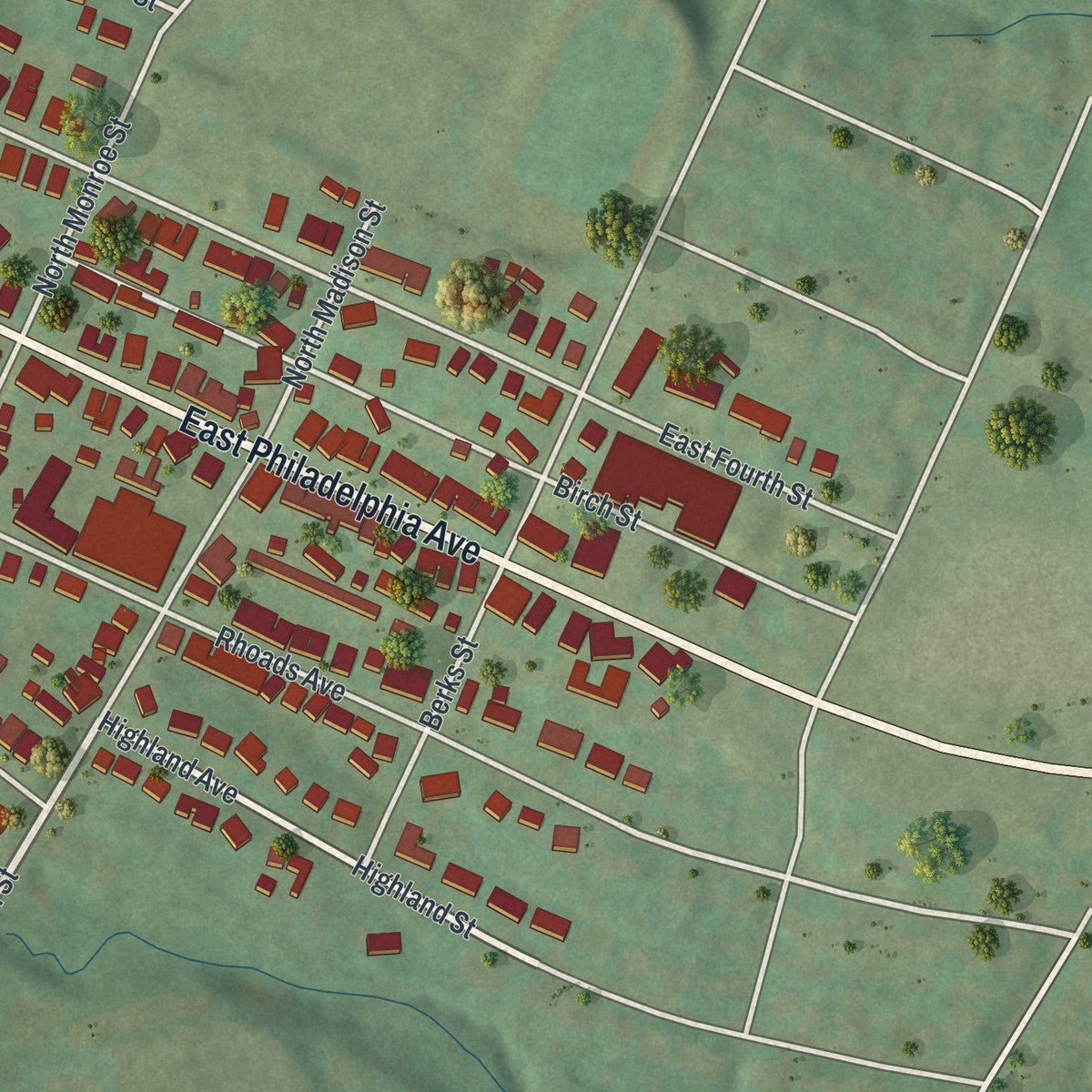 Second close-up of the map of Boyertown, Pennsylvania print showing more streets and buildings