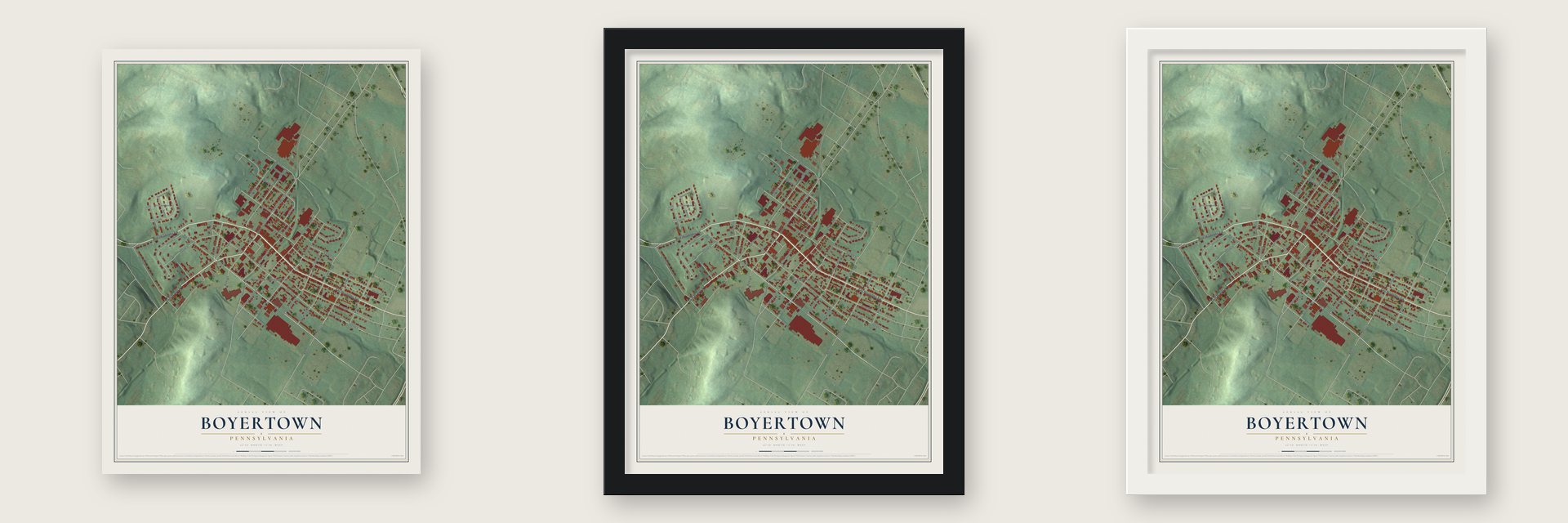 Boyertown, Pennsylvania map unframed, in a black wood frame and in a white wood frame