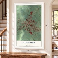 Boyertown, Pennsylvania map, 24 x 36 inch print in a white frame by a staircase