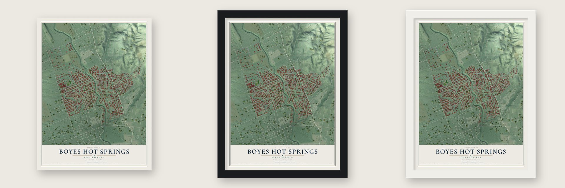 Boyes Hot Springs, California map unframed, in a black wood frame and in a white wood frame