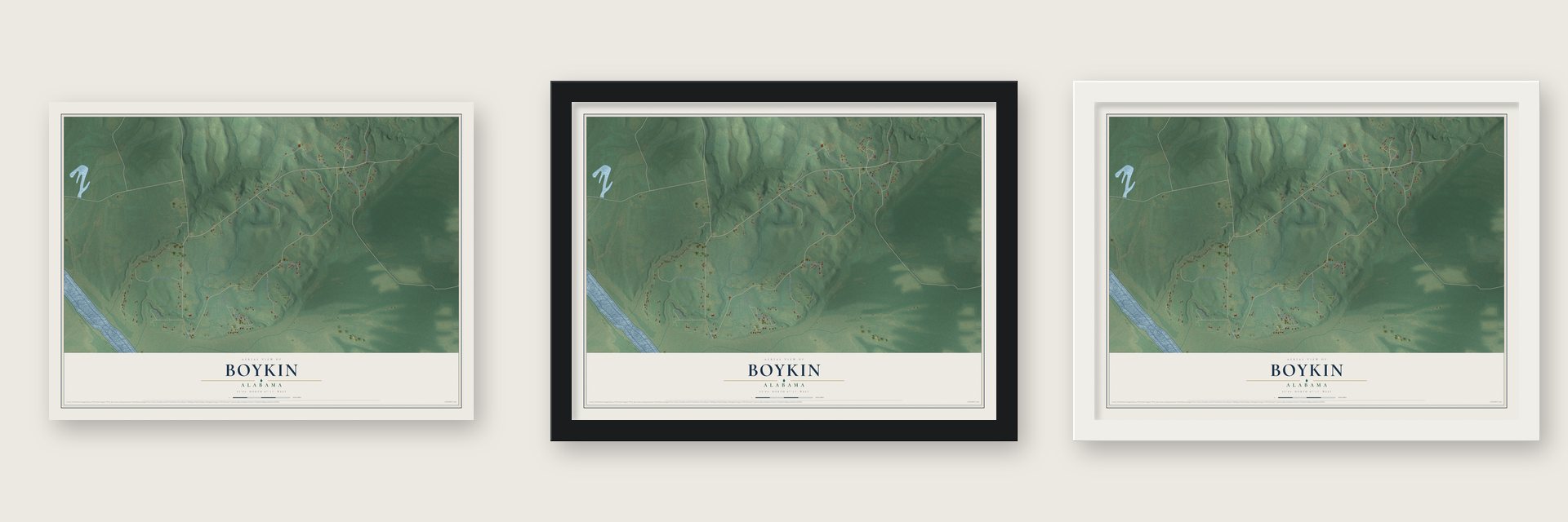 Boykin, Alabama map unframed, in a black wood frame and in a white wood frame