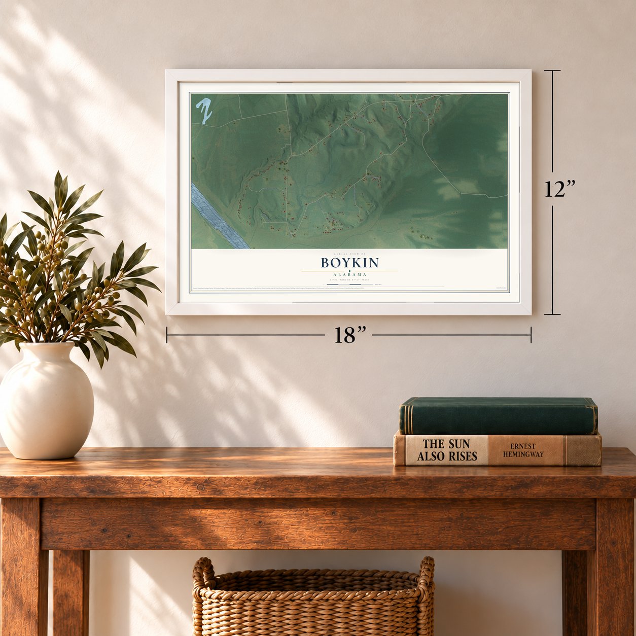Boykin, Alabama map, 12 x 18 inch print in a white frame in an entryway