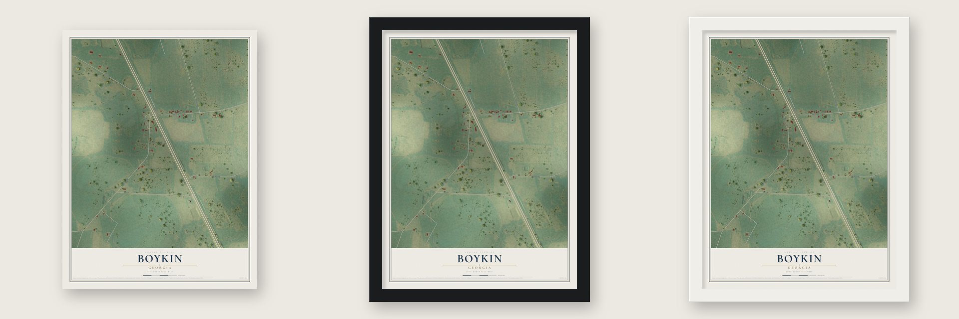Boykin, Georgia map unframed, in a black wood frame and in a white wood frame