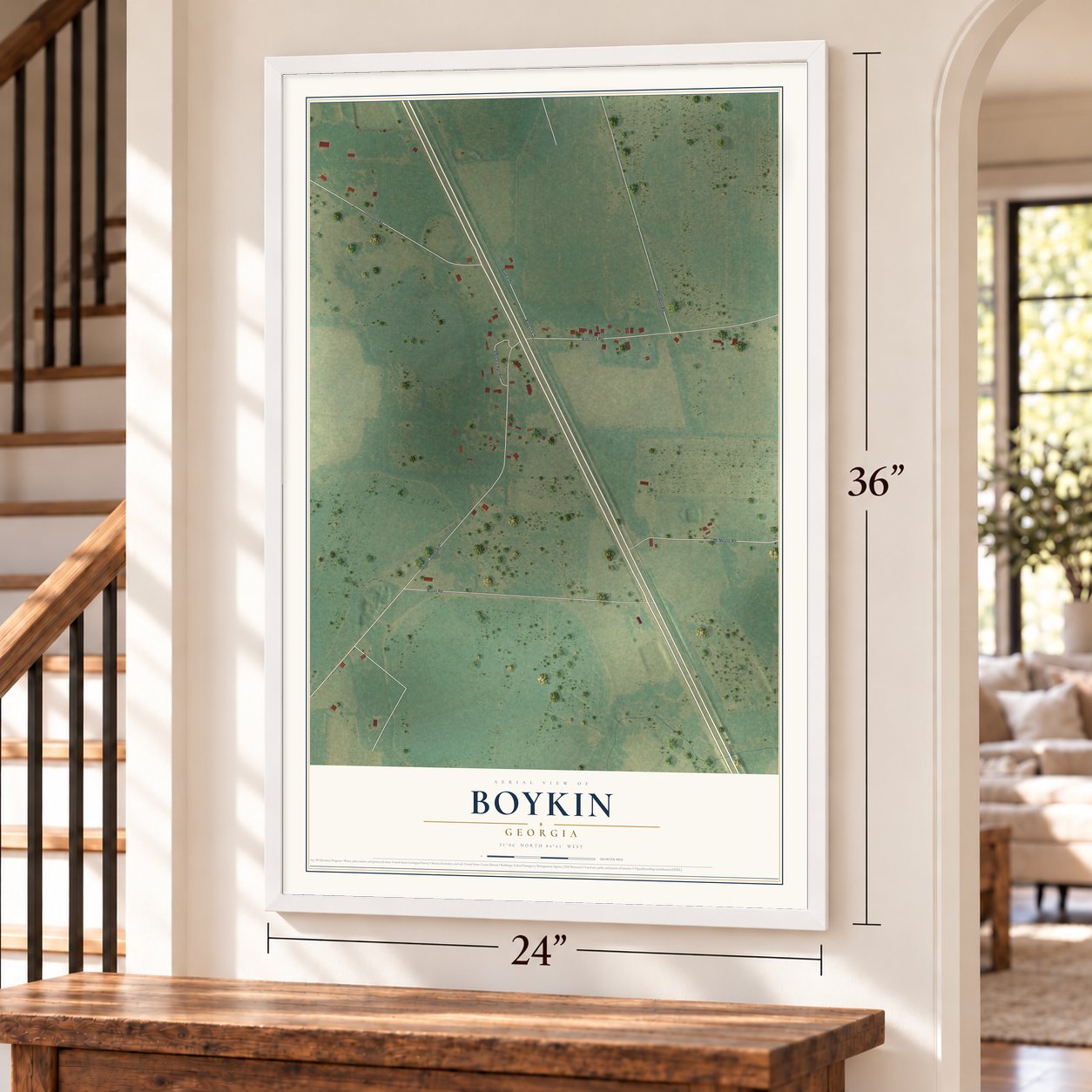 Boykin, Georgia map, 24 x 36 inch print in a white frame by a staircase