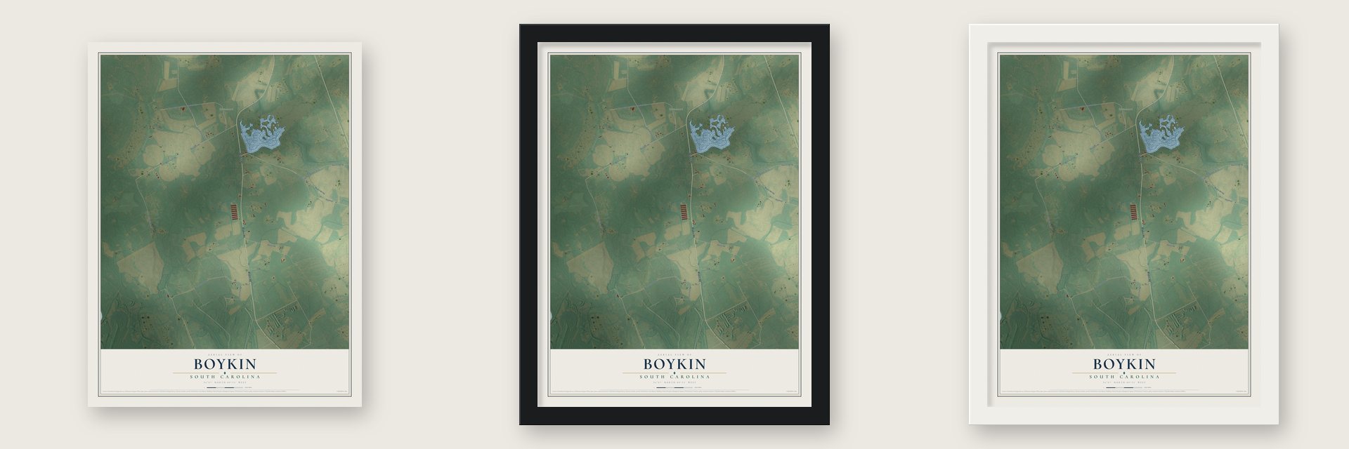 Boykin, South Carolina map unframed, in a black wood frame and in a white wood frame