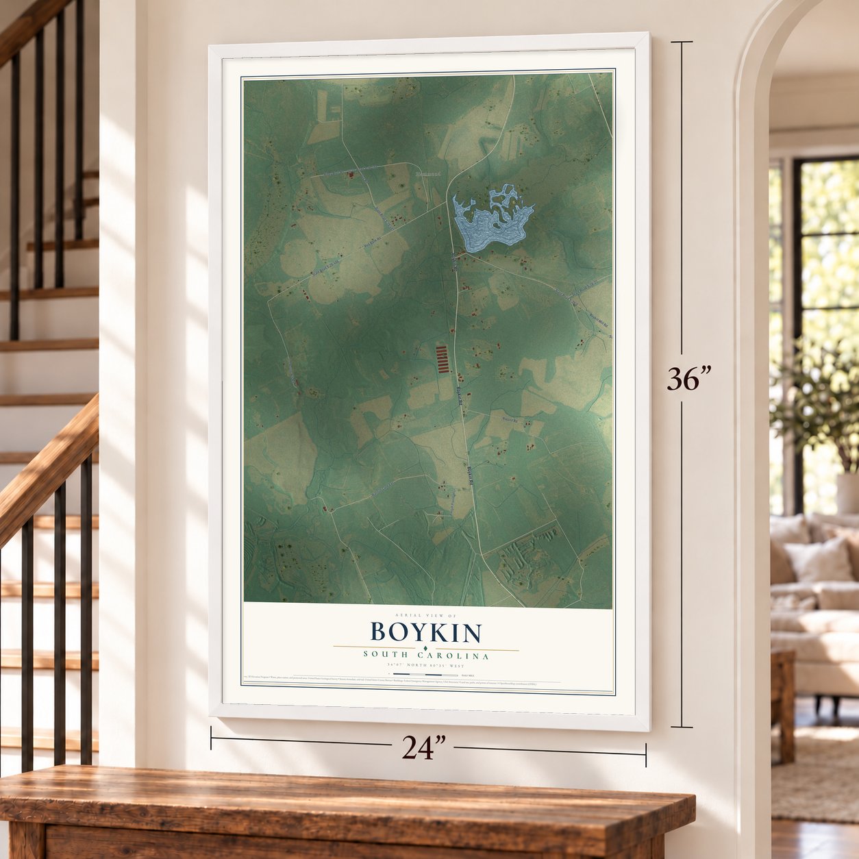 Boykin, South Carolina map, 24 x 36 inch print in a white frame by a staircase