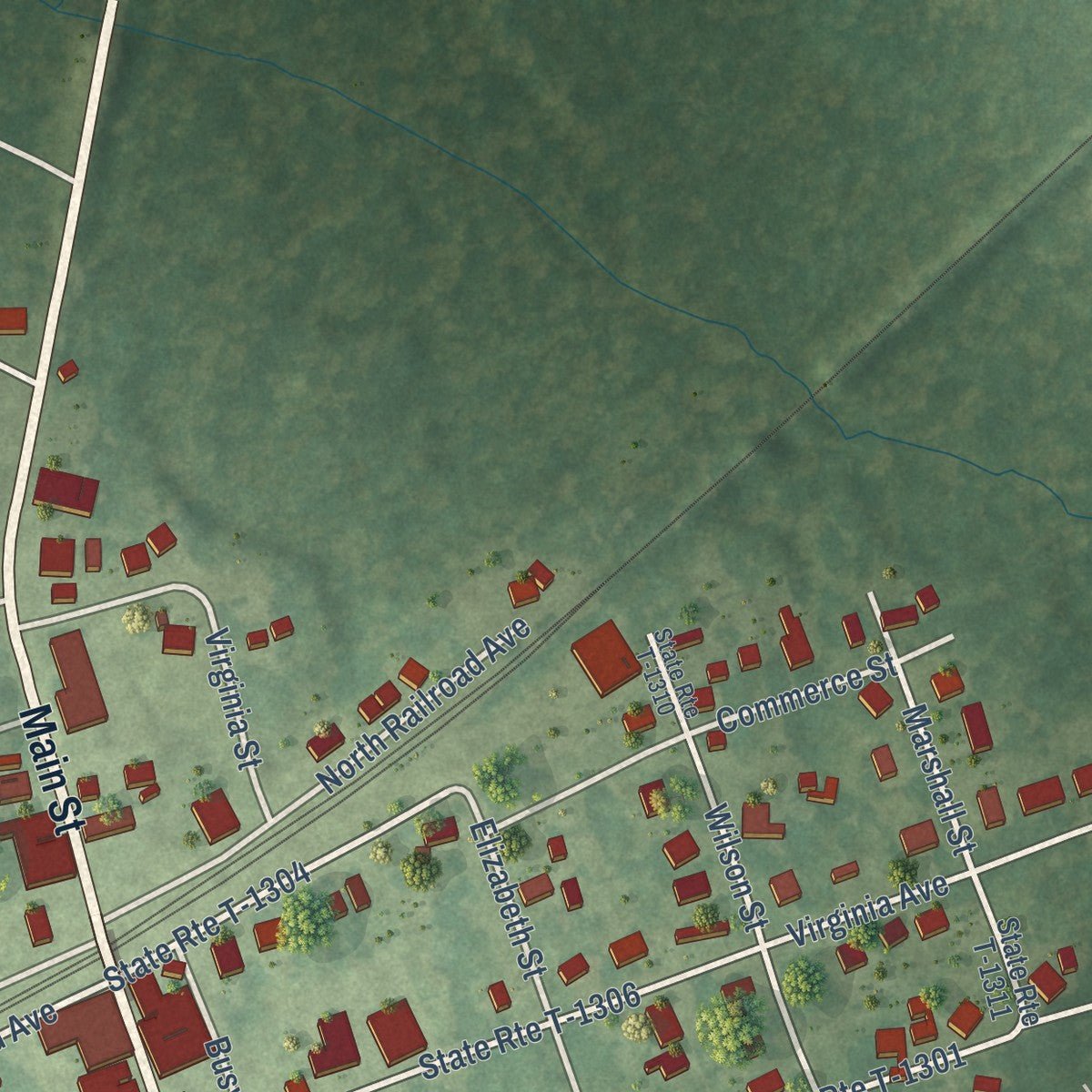 Second close-up of the map of Boykins, Virginia print showing more streets and buildings