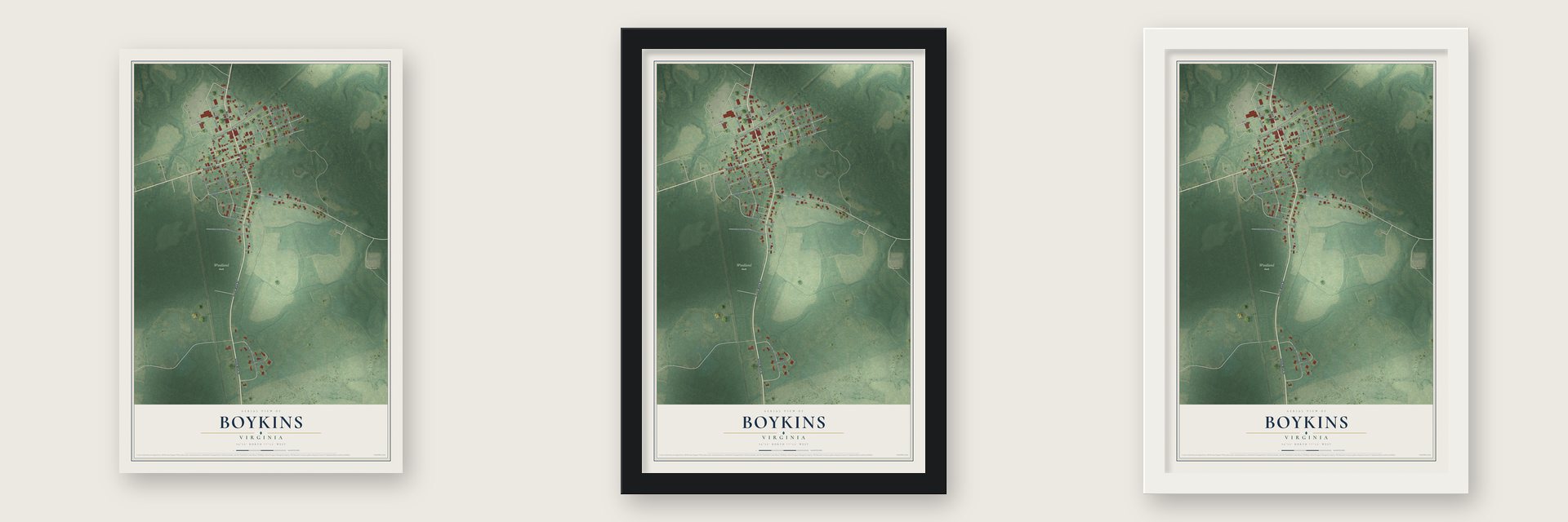 Boykins, Virginia map unframed, in a black wood frame and in a white wood frame