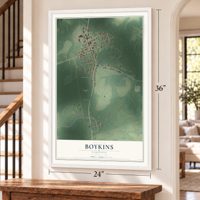 Boykins, Virginia map, 24 x 36 inch print in a white frame by a staircase