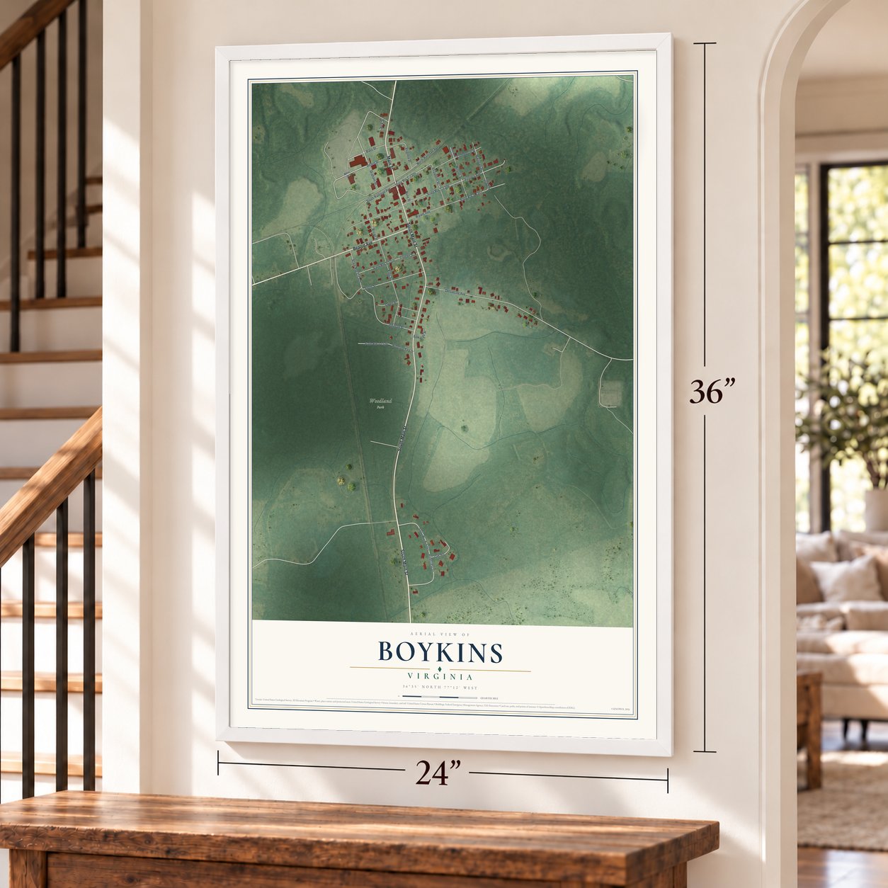 Boykins, Virginia map, 24 x 36 inch print in a white frame by a staircase