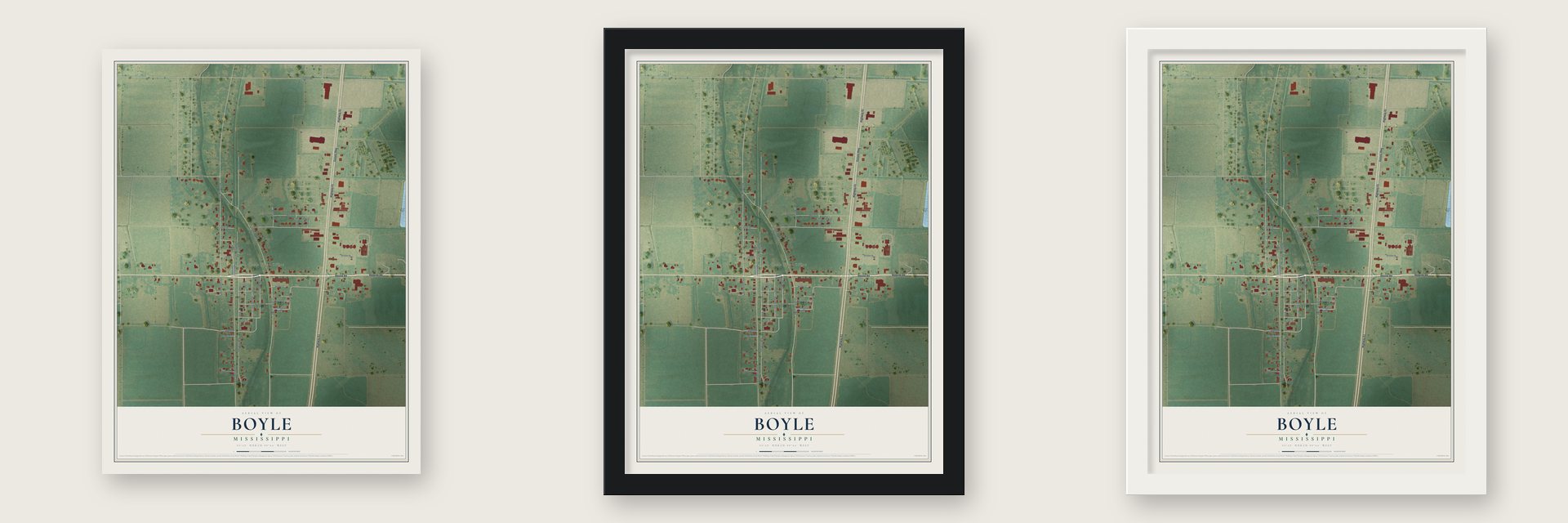 Boyle, Mississippi map unframed, in a black wood frame and in a white wood frame