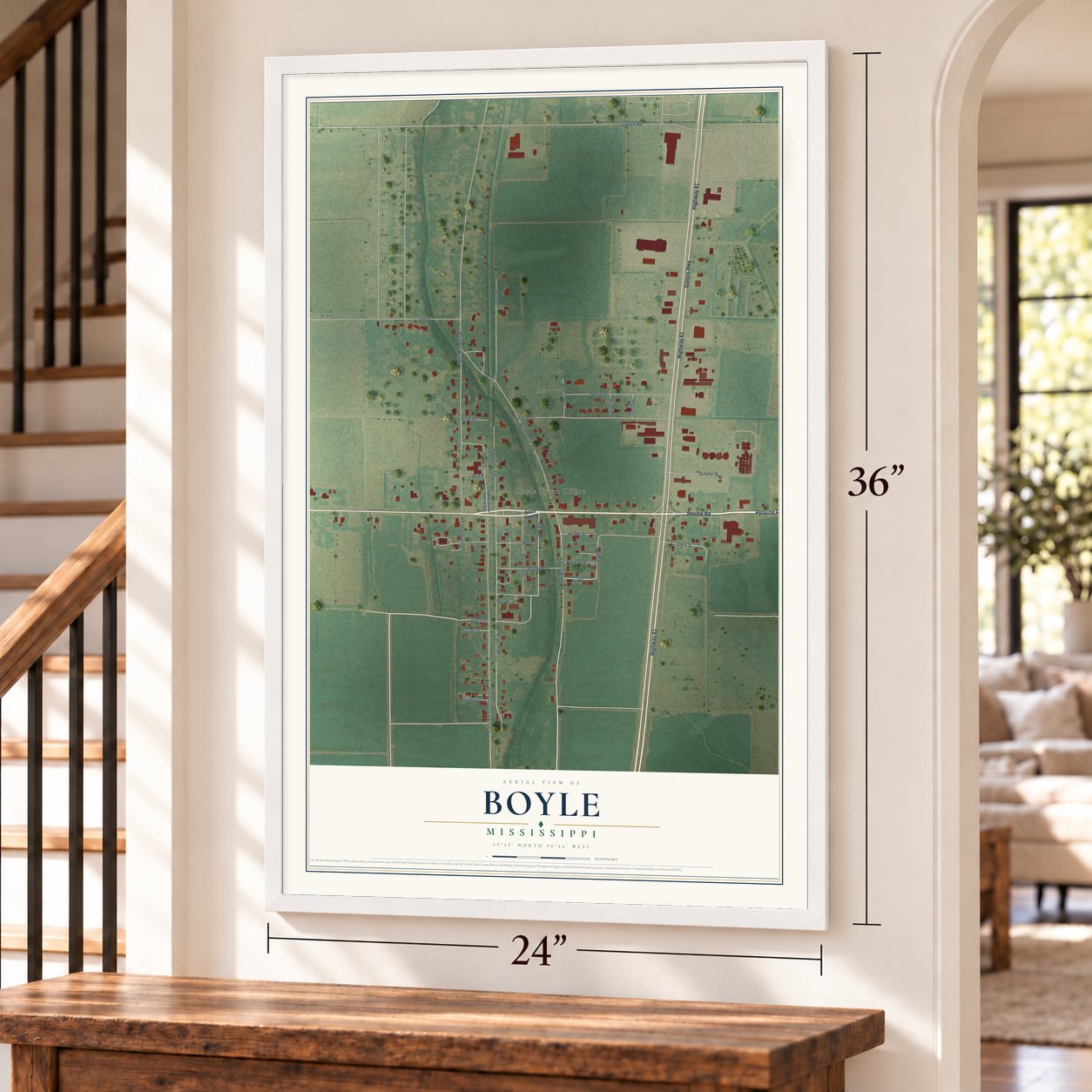 Boyle, Mississippi map, 24 x 36 inch print in a white frame by a staircase