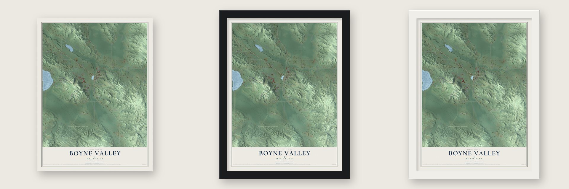 Boyne Valley, Michigan map unframed, in a black wood frame and in a white wood frame