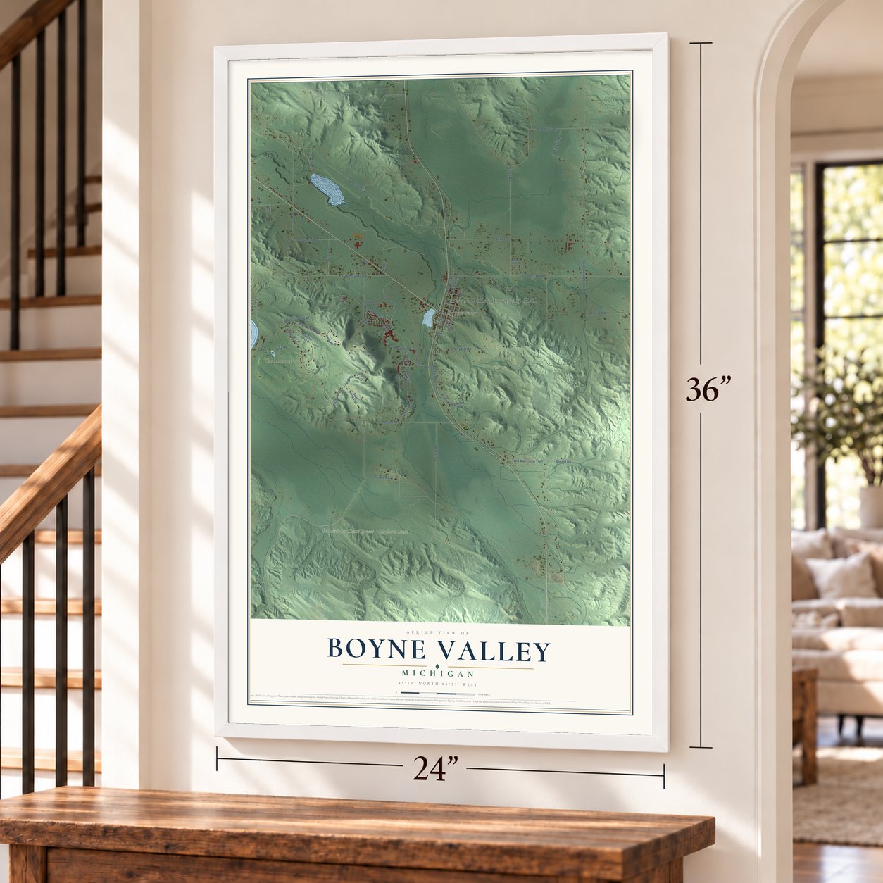 Boyne Valley, Michigan map, 24 x 36 inch print in a white frame by a staircase