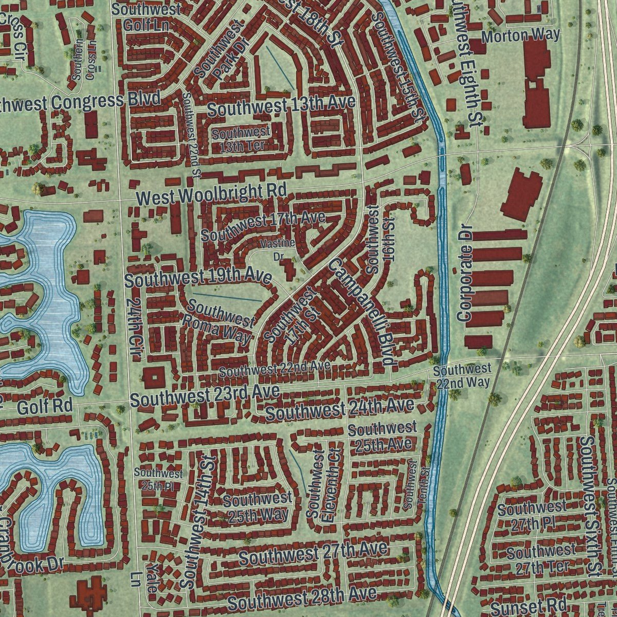 Second close-up of the map of Boynton Beach, Florida print showing more streets and buildings