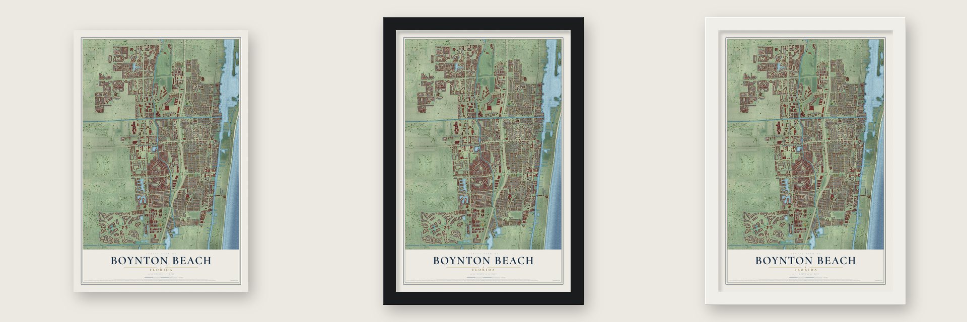 Boynton Beach, Florida map unframed, in a black wood frame and in a white wood frame