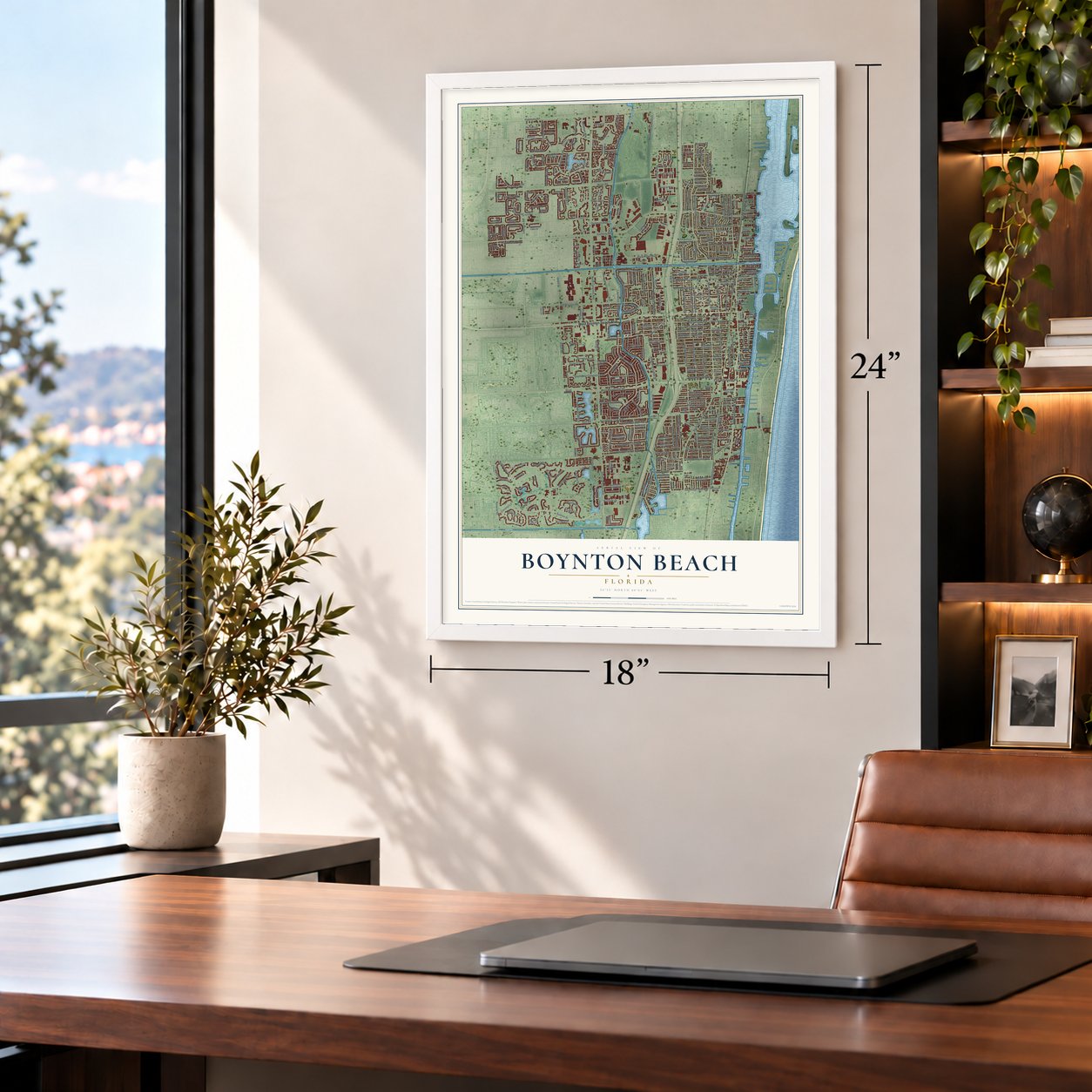 Boynton Beach, Florida map, 18 x 24 inch print in a white frame in a home office