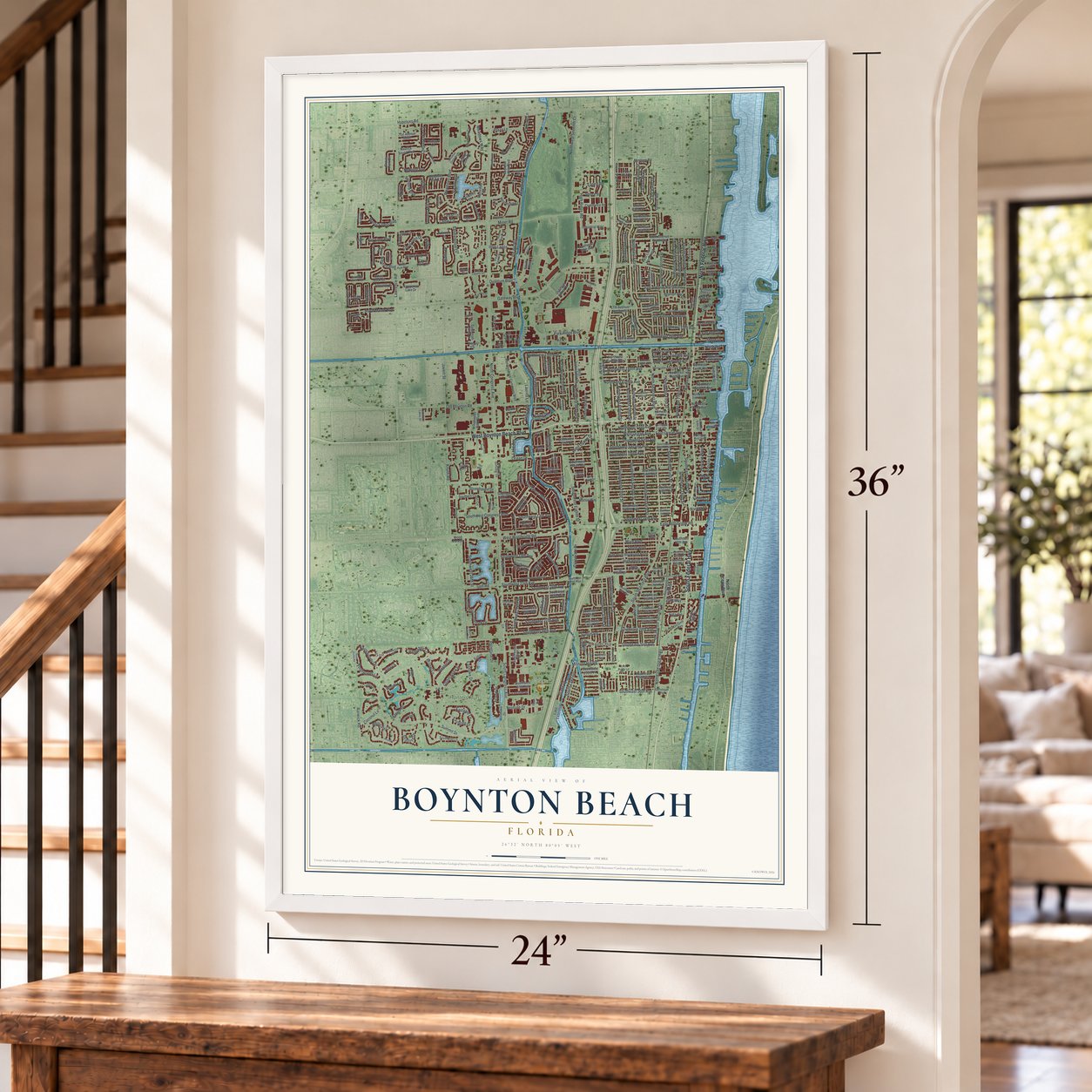 Boynton Beach, Florida map, 24 x 36 inch print in a white frame by a staircase