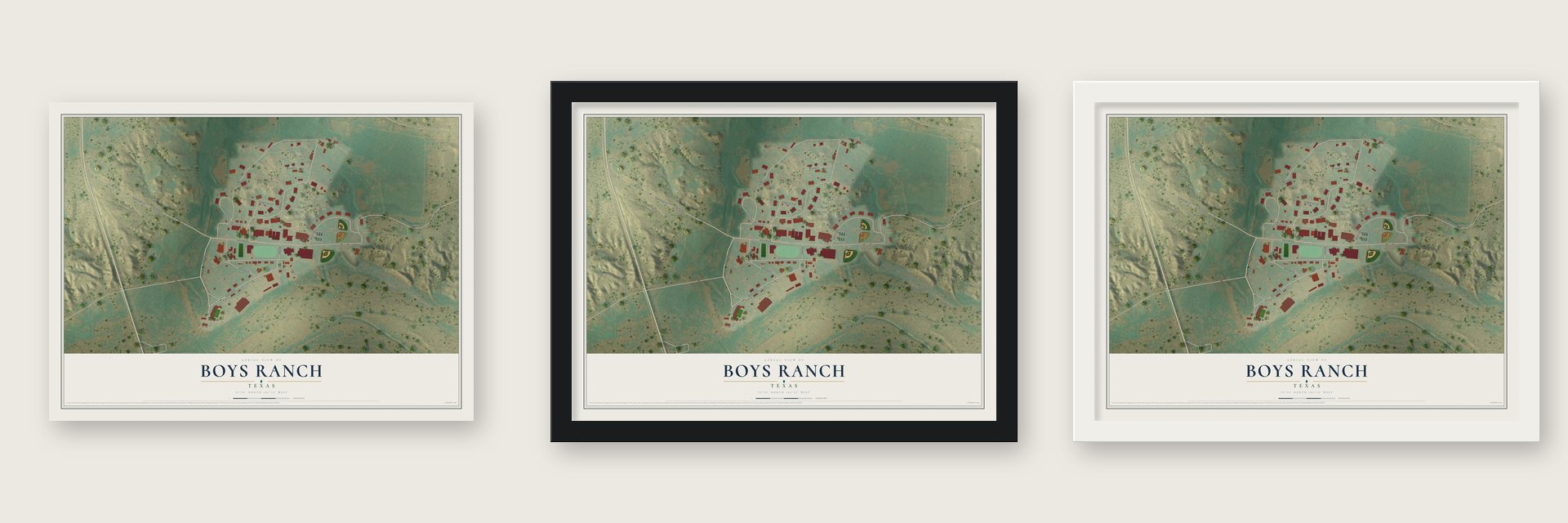 Boys Ranch, Texas map unframed, in a black wood frame and in a white wood frame