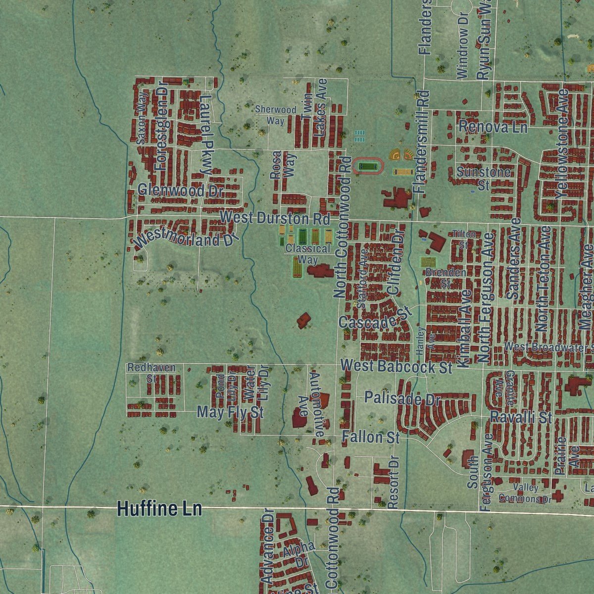 Second close-up of the map of Bozeman, Montana print showing more streets and buildings