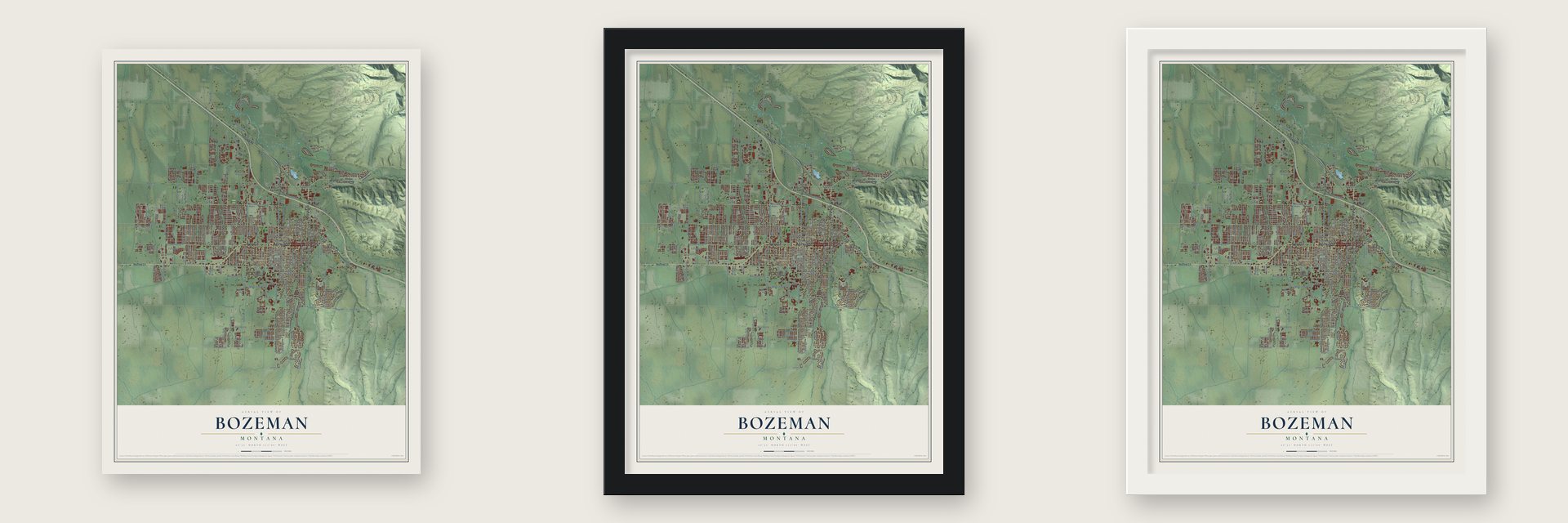 Bozeman, Montana map unframed, in a black wood frame and in a white wood frame