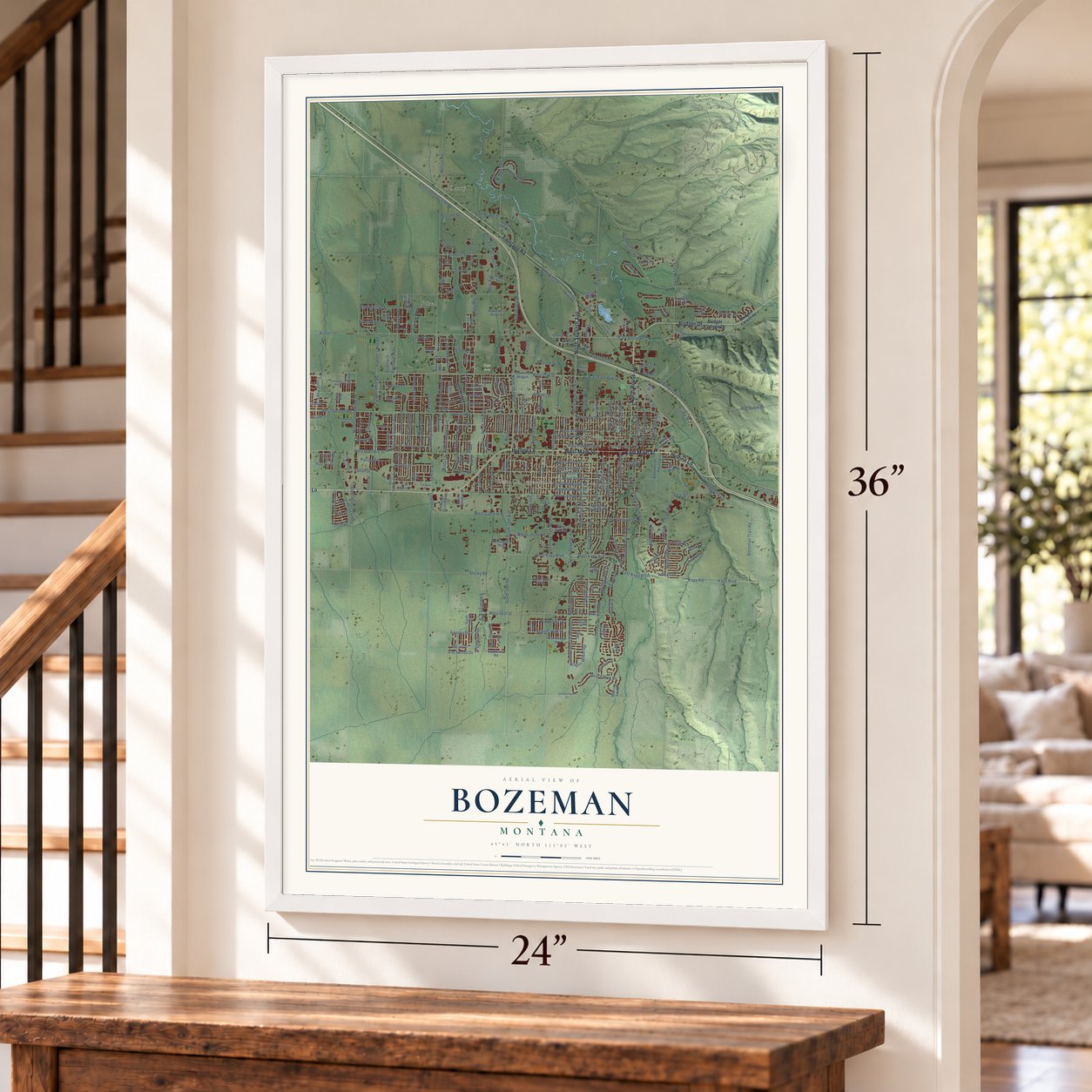 Bozeman, Montana map, 24 x 36 inch print in a white frame by a staircase