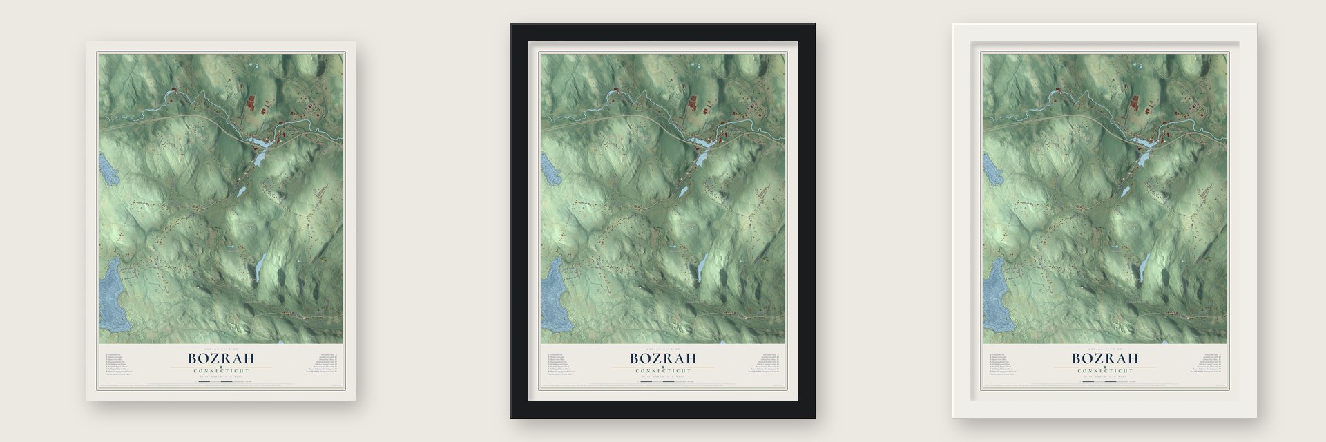 Bozrah, Connecticut map unframed, in a black wood frame and in a white wood frame