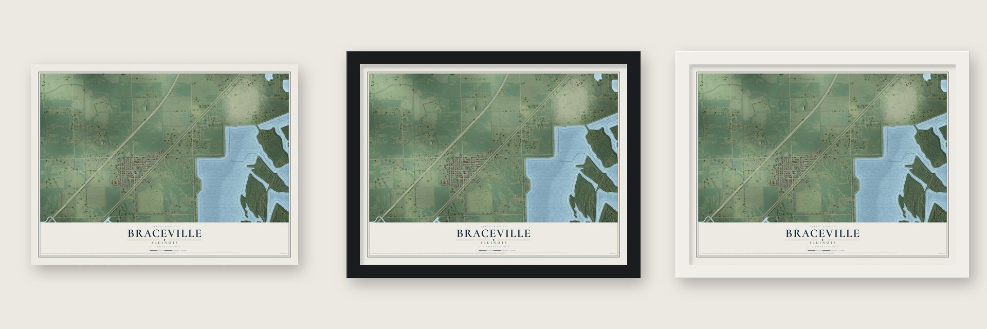 Braceville, Illinois map unframed, in a black wood frame and in a white wood frame