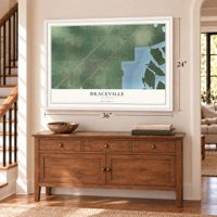 Braceville, Illinois map, 24 x 36 inch print in a white frame above a dresser by a staircase