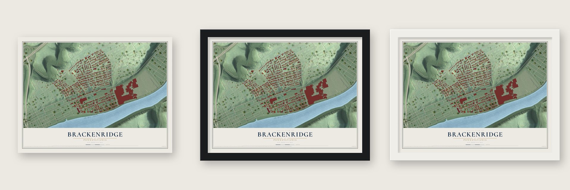 Brackenridge, Pennsylvania map unframed, in a black wood frame and in a white wood frame