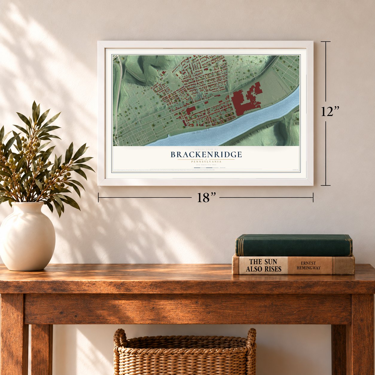 Brackenridge, Pennsylvania map, 12 x 18 inch print in a white frame in an entryway