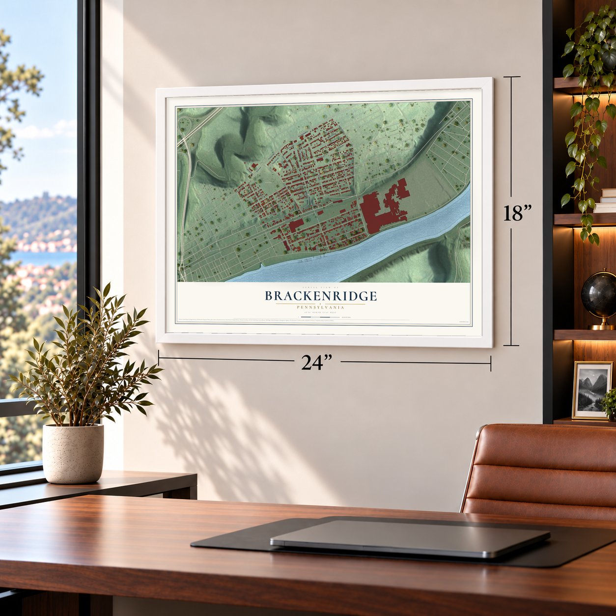Brackenridge, Pennsylvania map, 18 x 24 inch print in a white frame in a home office