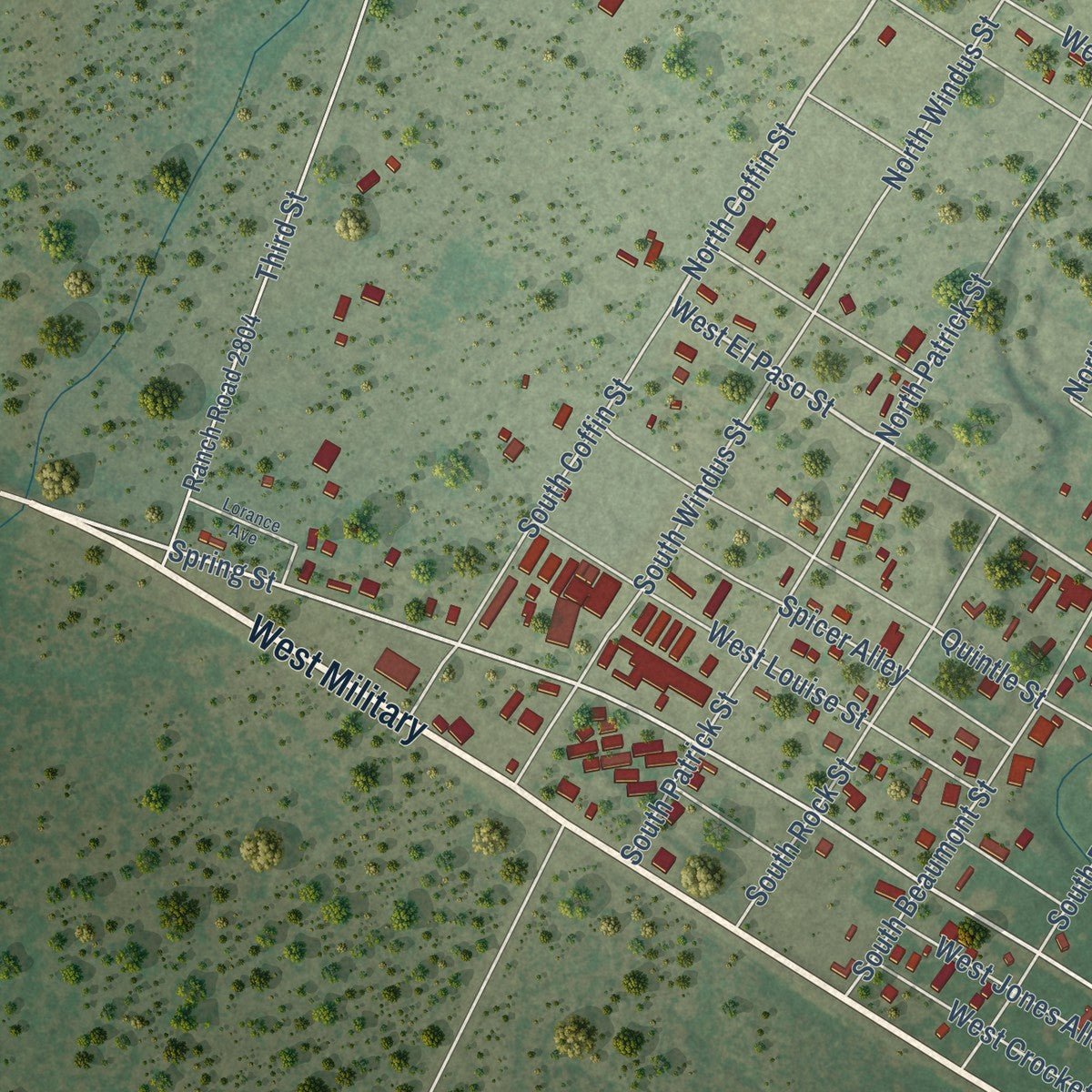 Second close-up of the map of Brackettville, Texas print showing more streets and buildings