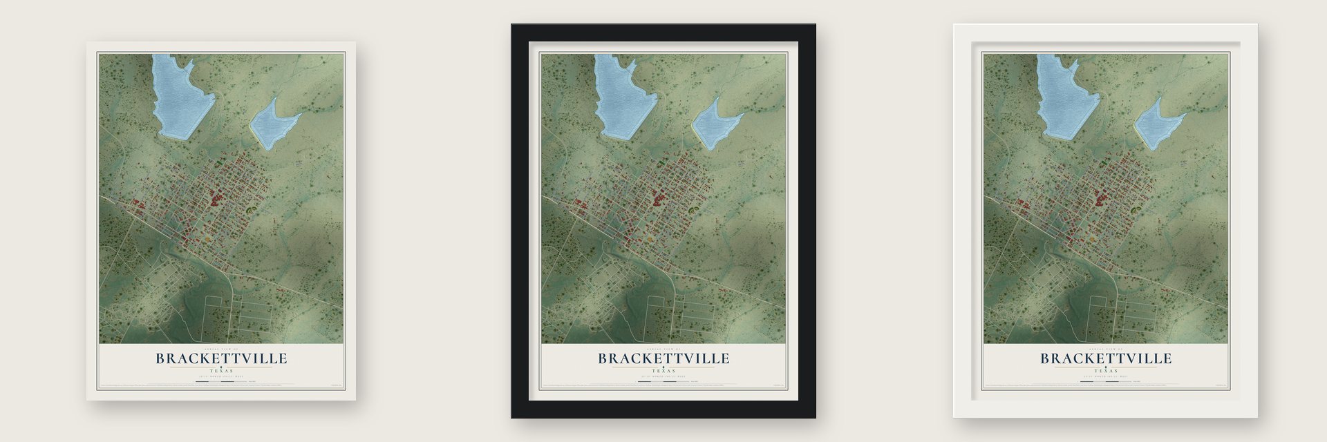Brackettville, Texas map unframed, in a black wood frame and in a white wood frame
