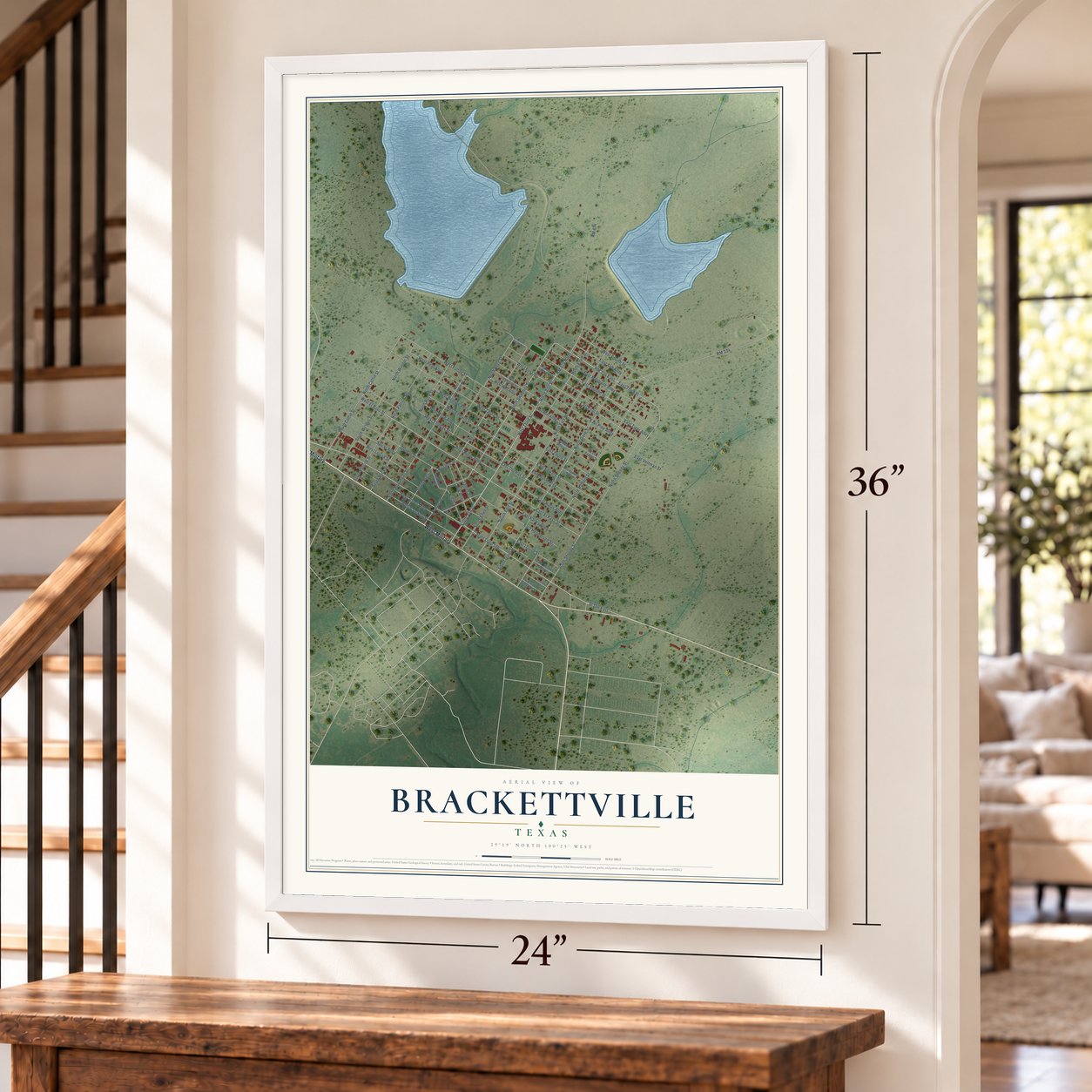 Brackettville, Texas map, 24 x 36 inch print in a white frame by a staircase