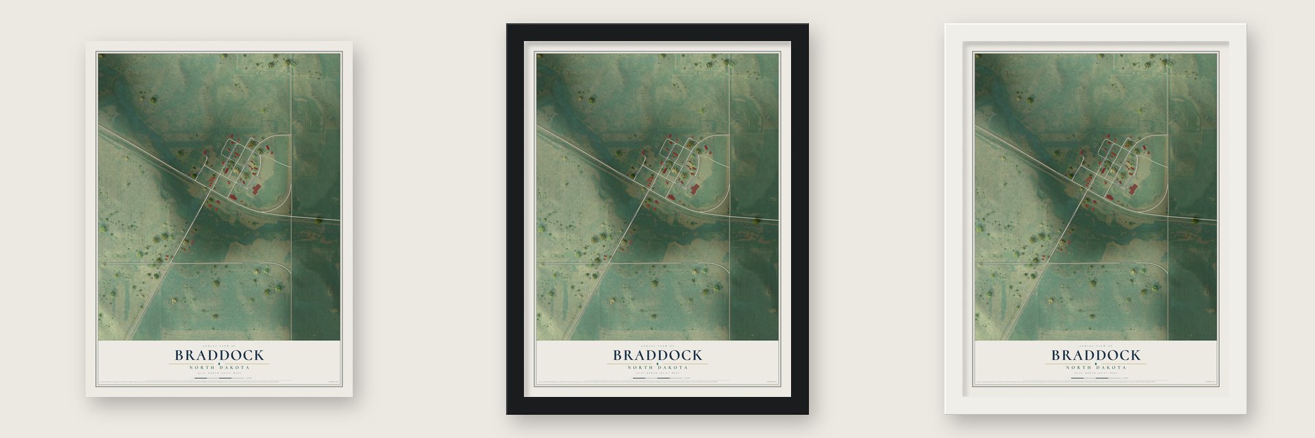 Braddock, North Dakota map unframed, in a black wood frame and in a white wood frame