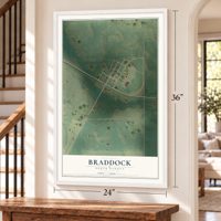 Braddock, North Dakota map, 24 x 36 inch print in a white frame by a staircase